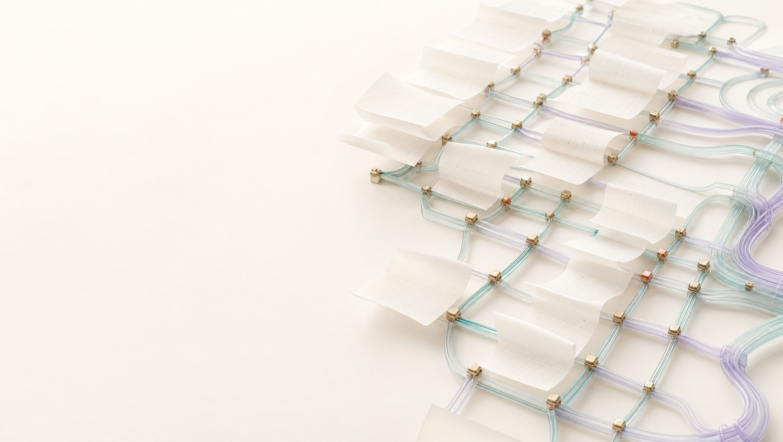 Luminous pearl ledger sheets connected by fine glass channels and warm nodes