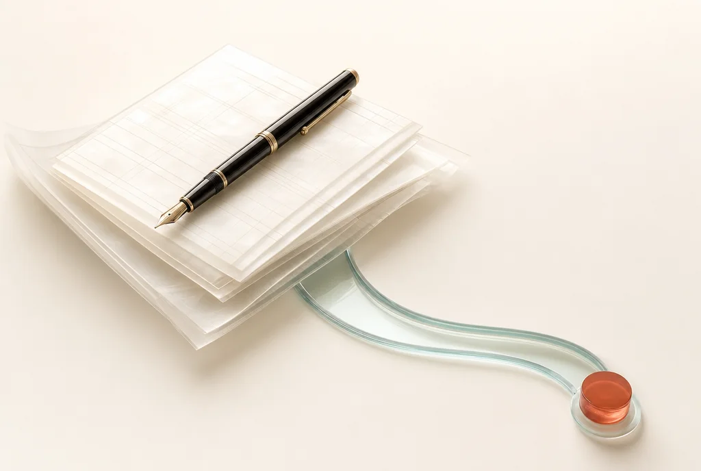 A fountain pen resting on ruled pearl sheets beside a luminous celadon channel